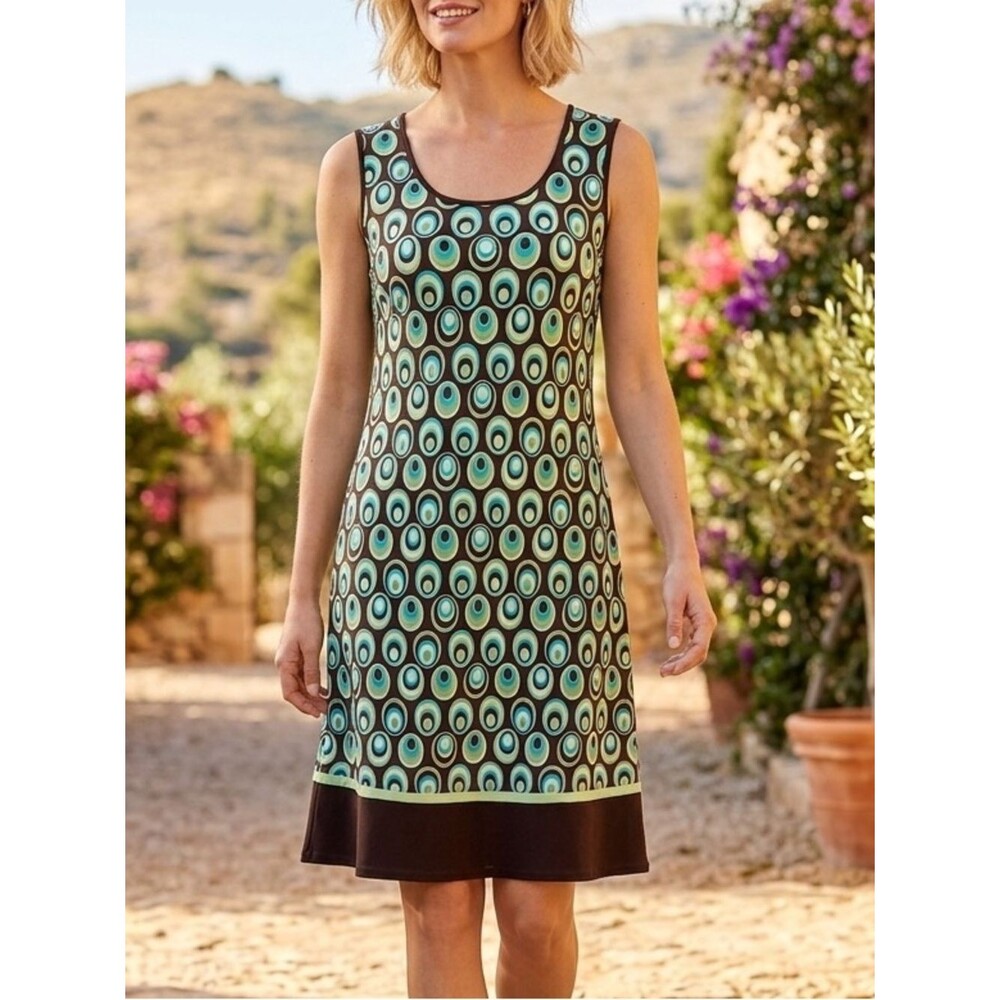 Studio I Brown Dress with Mint and Teal Circular Print sz 10